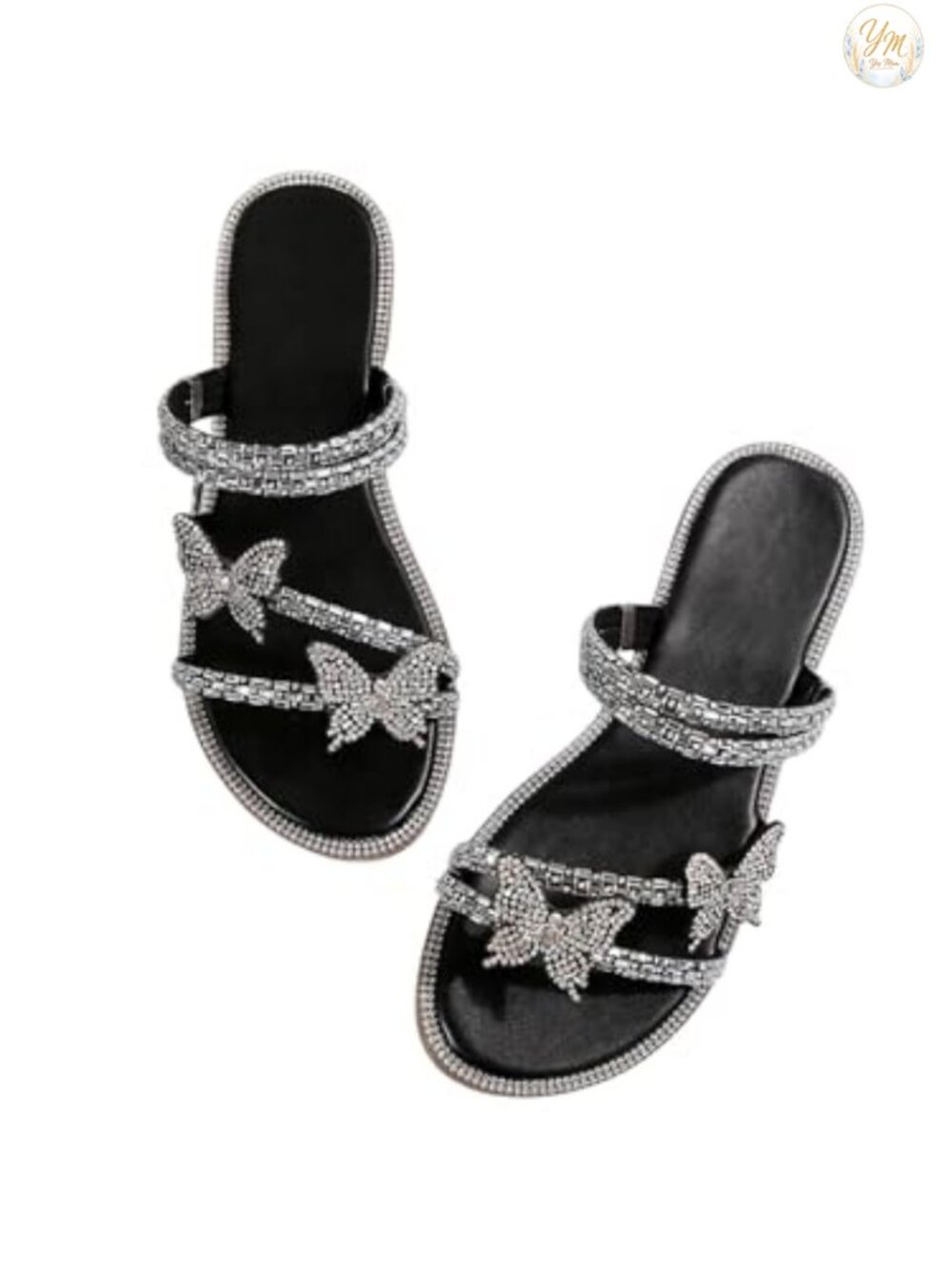 Women's Rhinestone Butterfly Strappy Flat Sandals Sparkly Slip On